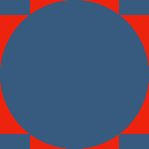 A large square with a circle inside it. In each corner of the square is a rectangle that touches the circle. The circle and the rectangle are blue, while the remaining area is red.