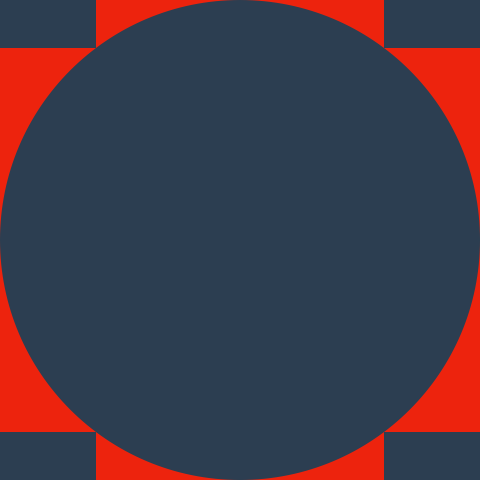 A large square with a circle inside it. In each corner of the square is a rectangle that touches the circle. The circle and the rectangle are blue, while the remaining area is red.